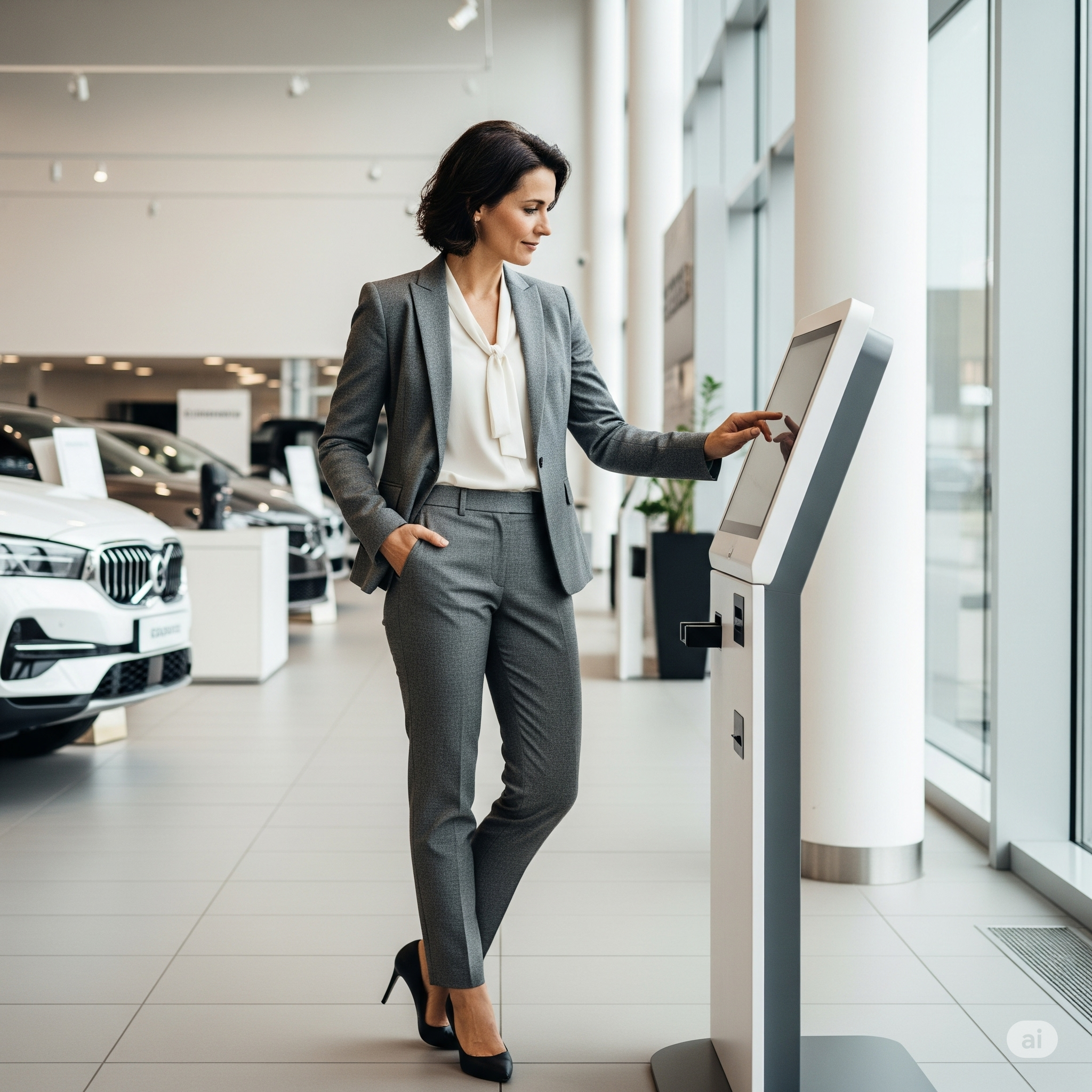 Cliente utilisant une borne Portail Démarches pour ses démarches d'immatriculation automobile